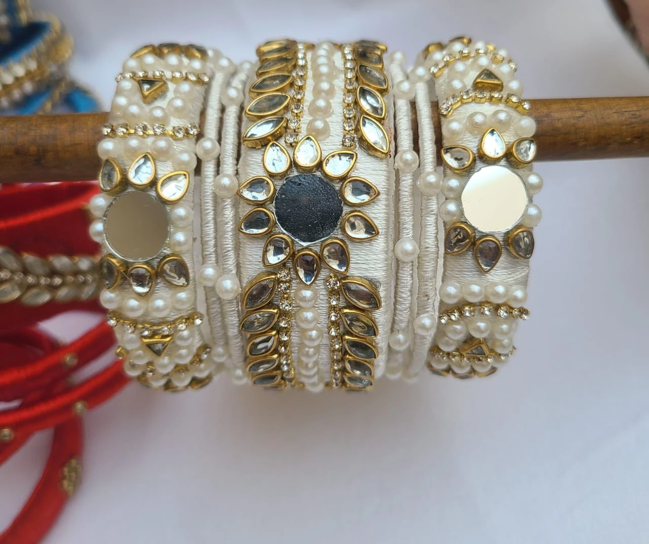 White Fancy Silk Thread Kundan Bangles
